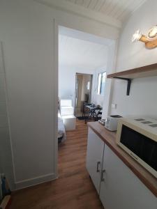 a kitchen with a counter top and a living room at Cozy studio with private garden and separate entrance in Villeneuve-Loubet