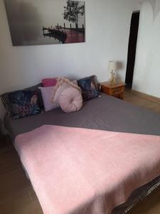 Una cama con una manta rosa y almohadas. en Casa Carla, en Granadilla de Abona