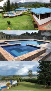 a collage of three pictures of a swimming pool at Villa Del Viento in Calima
