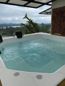 El PeñolにあるRocks Glamping - Guatapé, El Peñolの海の景色を望むジャクジータブ