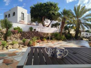 two mugs sitting on a bench in front of a house at Apartament Maria F in Mojácar