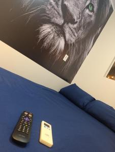 a bed with a remote control and a picture of a lion at Espaço jr in Andradina