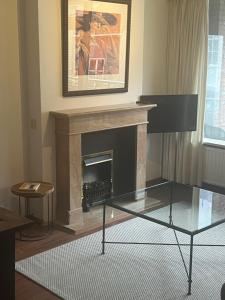 a living room with a fireplace and a glass table at Franciscus in Bergen op Zoom