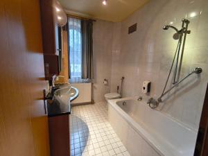 a bathroom with a tub and a toilet and a sink at Landgasthof Reichsadler in Höchstädt bei Thiersheim +27 photos