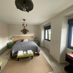 ein Schlafzimmer mit einem Bett und einem Kronleuchter in der Unterkunft Jardín Pozobal in Hontoria