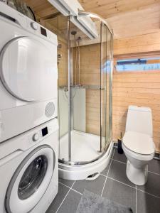 a bathroom with a washing machine and a toilet at Utsikt mot fjellene Ski in out 16 sengeplasser in Aurdal