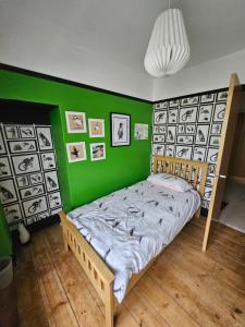 a bedroom with a bed with a green wall at Drew Street Digs in Brixham