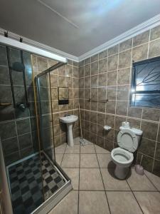 a bathroom with a shower and a toilet and a sink at The Good Samaritan 3 in Witbank +1 photo
