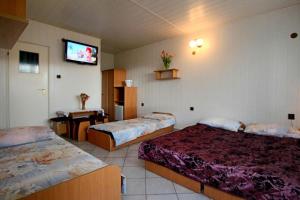 a hotel room with two beds and a flat screen tv at Nella - Pokoje gościnne in Ostrowo
