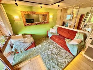 a green room with a couch and a mirror at L écrin vosgien in La Bresse