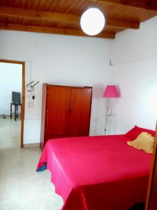 een slaapkamer met een rood bed en een rode deken bij Depto cómodo y confortable in Olavarría