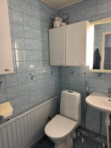 a bathroom with a white toilet and a sink at City center apartment in Rovaniemi +9 photos