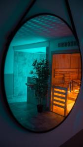 シェーナにあるAntonya Apartmentsのテーブルと鏡の中の鉢植えのある部屋