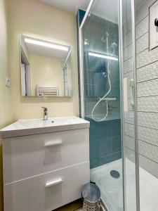 ein Badezimmer mit Waschbecken und Dusche in der Unterkunft L'aube Climatisation Parking 2 chambres in Grenoble + 53 Fotos
