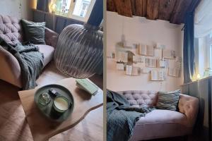 two pictures of a living room with a couch at Ferienwohnung Häusle im Badegässla mit Sauna in Bad Staffelstein