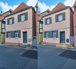 two pictures of a pink house with black shutters at Ferienwohnung Häusle im Badegässla mit Sauna in Bad Staffelstein