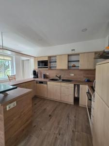 una grande cucina con armadi in legno e pavimenti in legno di Luxus Ferienwohnung a Kurort Jonsdorf