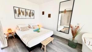 ein Schlafzimmer mit einem Bett und einem Spiegel in der Unterkunft ATOUMO vue mer avec cuve in Saint-François + 20 Fotos