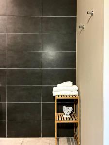 a bathroom with a black tiled wall at T1 lumineux & cosy, vue Cathédrale, Amiens centre in La Celle-sous-Gouzon