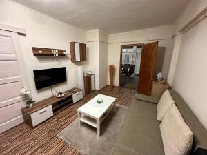 een woonkamer met een bank en een tafel bij Zenora Apartman in Makó