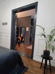 a bedroom with a mirror and a potted plant at Hej Bydgoszcz - Apartament LUX przy Starym Rynku in Bydgoszcz
