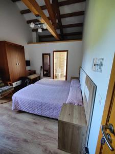 een slaapkamer met een groot bed met een paarse sprei bij Albergues O Abrigo Miraz 