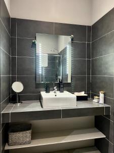 a bathroom with a white sink and a mirror at T2 élégant & confortable, balcon - Amiens centre in La Celle-sous-Gouzon