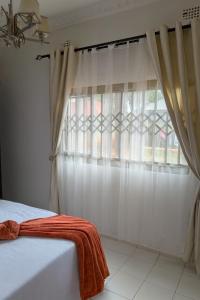 a bedroom with a bed and a window with curtains at The Acacia Apartment in Lusaka