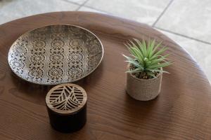 a wooden table with two plants on top of it at Villa Luisa Design in Colle Val D'Elsa