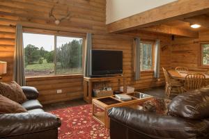 a living room with a couch and a television at Ontario Ave Remodeled Log Cabin on 1 Acre Gateway to Grand Canyon Amazing Views in Williams