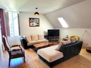 a living room with a couch and a tv at VILLA ILIXON - Appartements privés proche du centre de Luchon, parking, billard, jardin in Luchon