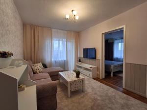 a living room with a couch and a television at Tammiku apartment in Kunda