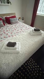 アルノルトシュタインにあるAlpine's Apartmentのタオルが敷かれたベッドのある寝室 +11枚の写真