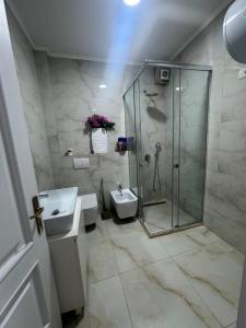 ein Badezimmer mit Dusche, Toilette und Waschbecken in der Unterkunft Elysee in Tirana