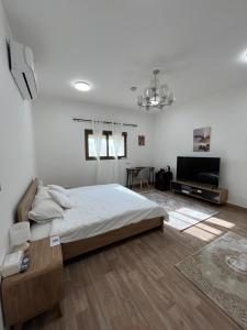 a bedroom with a bed and a flat screen tv at Cosy Private Suite in Suwādah
