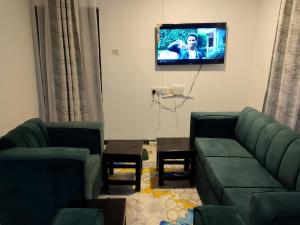 a living room with a couch and a flat screen tv at The Pent House Homes in Kisii