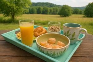 a tray with a plate of food and a glass of orange juice at Wakana Ecosuits in Apulo