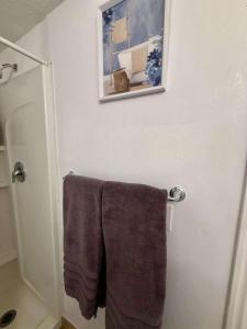 a towel hanging on a towel rack in a bathroom at Cozy and well located 2-bedroom basement in Provo +9 photos