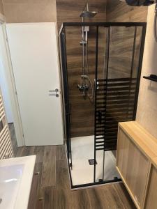 a shower with a glass door in a bathroom at Harmony in Trieste +9 photos