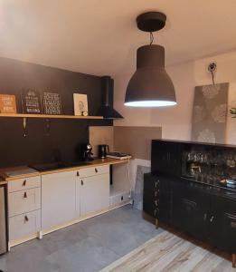 a kitchen with a counter and a black wall at Apartament Szpilka - domek in Police