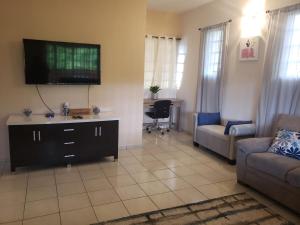 Humacao Puerto Rico house sleeps 8 في هوماكاو: غرفة معيشة مع أريكة وتلفزيون على الحائط