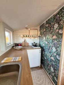 a small kitchen with a sink and a refrigerator at Tiny Cabin Under the Northern Lights in Leirá +15 photos