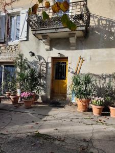a house with a yellow door and potted plants at A la Grenouille du Jura in Bellignat +48 photos