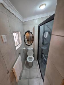une salle de bain avec toilettes et miroir dans l'établissement Sweet Home Guest House, à East London 25 autres photos