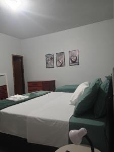 a bedroom with a large bed and pictures on the wall at Jardim Primavera in Palmas