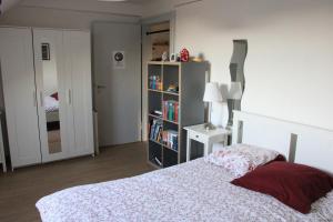 a bedroom with a bed and a book shelf at Appartement dans charmante maison près de Sarrebruck in Grosbliederstroff