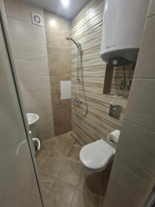 a small bathroom with a toilet and a shower at Number 1 in Ruse