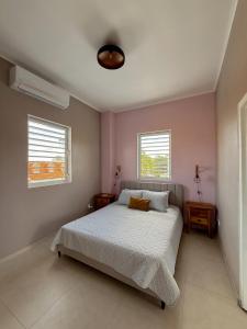 Un dormitorio con una cama y dos ventanas en Breezy Azul Getaway, en Willemstad 14 fotos más
