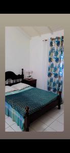 a bedroom with a bed and a window with a curtain at Résidence Fleur de Café in Lamentin