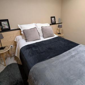 a bedroom with a large bed with two pillows at Appartement Lila in Carcassonne
